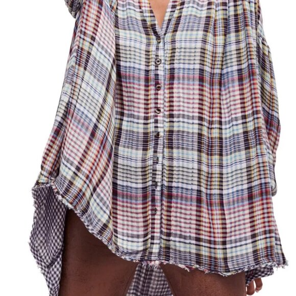 FREE PEOPLE Come On Over Plaid Flannel Oversized Hi-Low Top Raw Hem - Picture 5 of 13